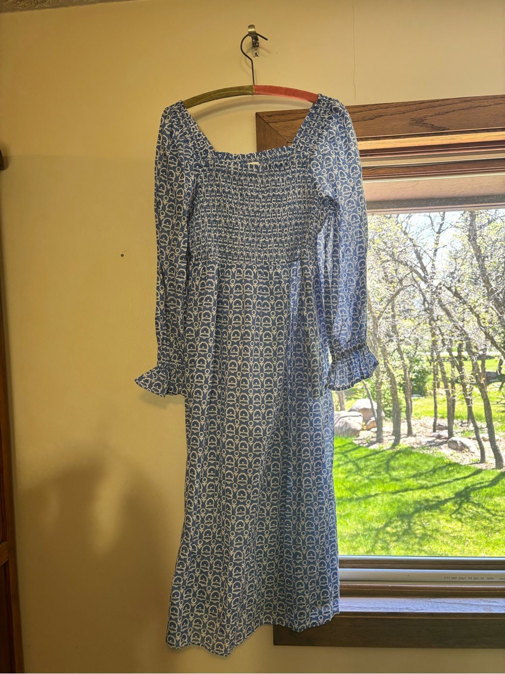 Blue Smocked organic cotton block print Long-Sleeve Midi Dress